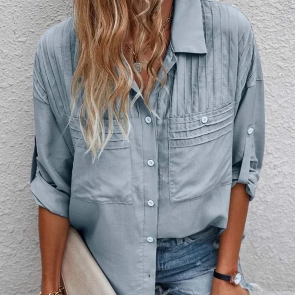 09 Pleated Oversized Boyfriend Button up Top - Picture 6 of 6